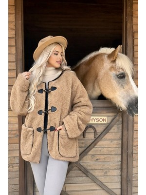 Sütlü Kahve Düğmeli Peluş Kadın Mont MG2531