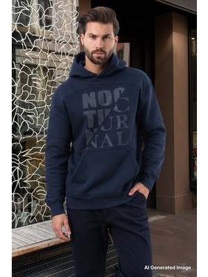 Madmext Lacivert Baskılı Kapüşonlu Cep Detaylı Erkek Sweatshirt 7062