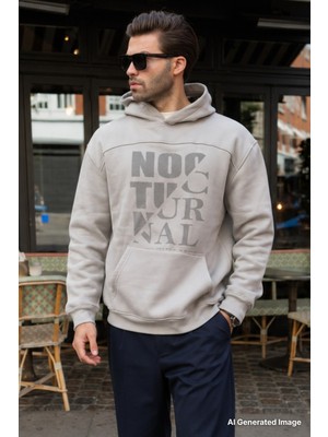 Madmext Boyalı Gri Baskılı Kapüşonlu Cep Detaylı Erkek Sweatshirt 7062