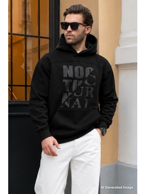 Madmext Siyah Baskılı Kapüşonlu Cep Detaylı Erkek Sweatshirt 7062