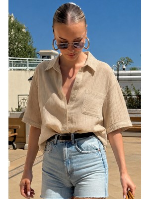Madmext Bej Muslin Kumaş Basic Kadın Gömlek MG1784