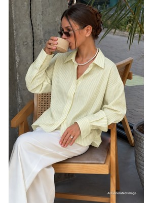 Madmext Sarı Çizgili Oversize Kadın Gömlek MG2732