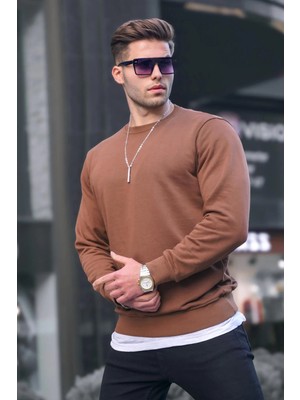 Kahverengi Basic Bisiklet Yaka Erkek Sweatshirt 6047