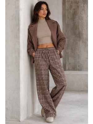 Madmext Kahverengi Lastikli Bel Geniş Paça Ekose Pantolon MG2658