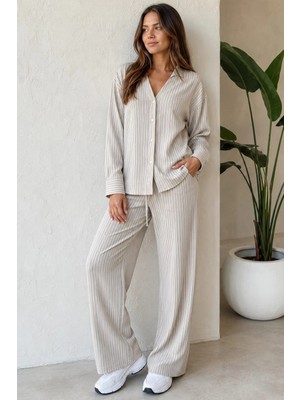 Madmext Boyalı Gri Uzun Kollu Çizgili Gömlek Pantolon Ikili Takım MG2329