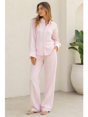 Madmext Pembe Transparan Relax Fit Çizgili Takım MG2740