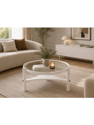 Klass Dekor Ceviz/ Meşe/ Beyaz/ Siyah Temperli Cam Masif Ahşap Balkon- Hol- Koridor- Mutfak- Salon- Ofis Yuvarlak Clover Yan Sehpa Çap 60 cm