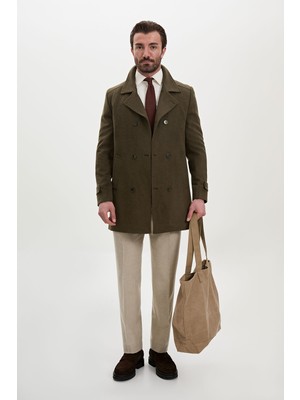 MCR Düz Slim Fit Geniş Yaka Kruvaze Yün Erkek Kaşe Kaban