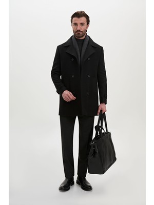 MCR Düz Slim Fit Geniş Yaka Kruvaze Yün Erkek Kaşe Kaban