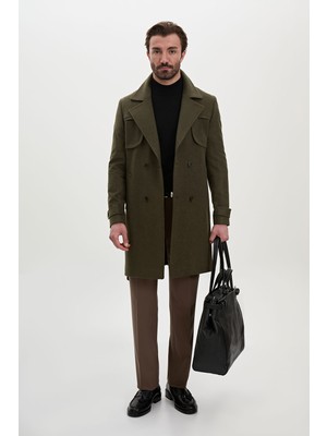 MCR Düz Slim Fit Geniş Yaka Kruvaze Kuşaklı Yün Erkek Kaşe Kaban