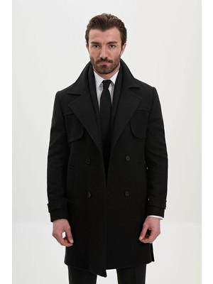 MCR Düz Slim Fit Geniş Yaka Kruvaze Kuşaklı Yün Erkek Kaşe Kaban