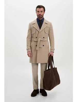 MCR Düz Slim Fit Geniş Yaka Kruvaze Kuşaklı Yün Erkek Kaşe Kaban