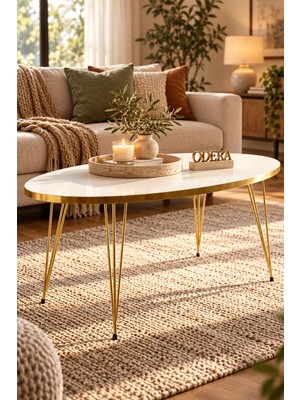 Odera Beyaz Oval Çekmeceli Orta Sehpa 90X50 cm Metal Ayaklı Modern Salon Sehpası