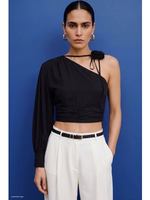 Sateen Çiçek Detaylı Bluz Siyah