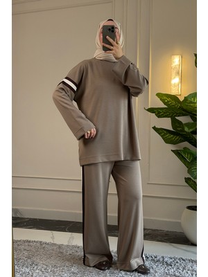 Suede Style 6694 - Şık Rahat Salaş Şerit Detaylı Modal Kumaş Alt Üst Tesettür Takım