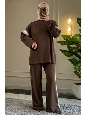 Suede Style 6694 - Şık Rahat Salaş Şerit Detaylı Modal Kumaş Alt Üst Tesettür Takım