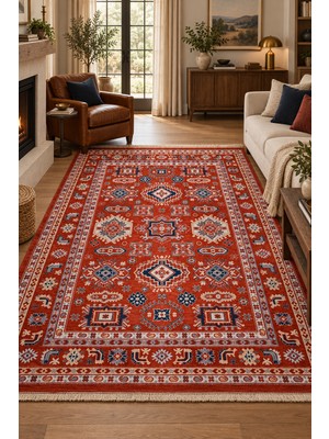 Ela Home Barguz Otantik Anadolu Kilim Desenli Kırmızı Kaymaz Tabanlı Salon Odası Robot Süpürge Uyumlu Hali