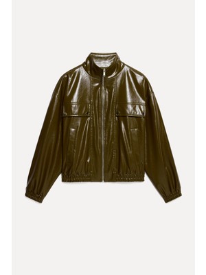 Mudo Kadın Haki Deri Görünümlü Oversize Bomber Ceket