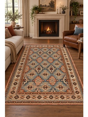 Ela Home Kernek Nostaljik Mavi Kiremit Oturma Odası Salon Robot Süpürge Uyumlu Saçaklı Kilim Hali