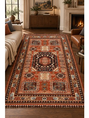 Ela Home Kernek Kiremit Oturma Odası Salon Robot Süpürge Uyumlu Kolay Temizlenebilir Nostaljik Kilim Hali