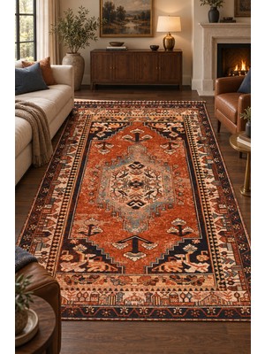 Ela Home Kernek Nostaljik Kilim Kiremit Oturma Odası Salon Halısı Robot Süpürgeye Uyumlu Kolay Temizlenebilir