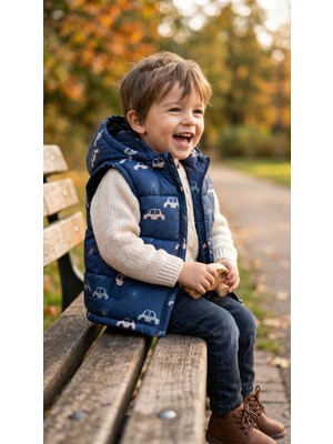 Deniva Erkek Çocuk Lacivert Arabalı Kapüşonlu Şişme Yelek Içi Yumuşak Astarlı Mevsimlik Bebek & Çocuk Yeleği