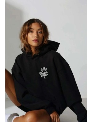 Granwear Unisex Gül Baskılı Gri Siyah Kapüşonlu Sweatshirt