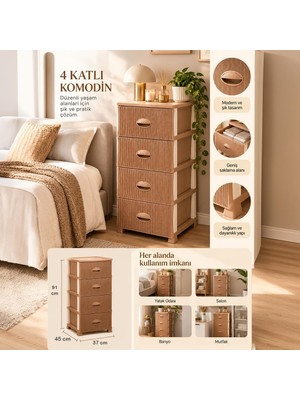 TemmuzX 0704 Mokka Stil 4 Katlı Çekmeceli Plastik Komodin 91 cm - Yükseltilmiş Ayaklı Yatak Odası, Banyo & Mutfak Düzenleyici Şifonyer