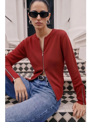 Sateen Kolları Fermuar Detaylı Hırka Kırmızı