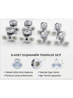 Krom Dizayn Duşakabin Tekerleği 8 Li Takım Plastik Malzeme ile Kolay Temizlik İçin Şık Renk
