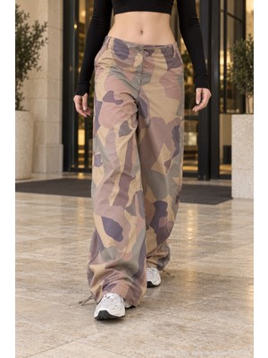 Polo State Kadın Bej Kamuflaj Desenli Bel ve Paça Bağcıklı Bol Paça Pantolon