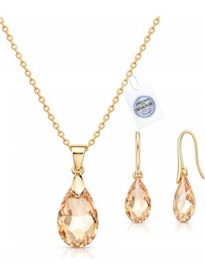 Brezza Lusso Jewelry 925 Ayar Swarovski Taşlı Golden Shadow 16 mm Crystal Ab Kadın Gümüş Kolye Küpe Set