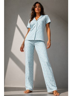 Miss Art Kadın Klasik Doğal Düğme Gece Su Yeşili Pijama Takımı