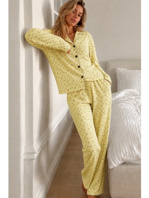 Miss Art Kadın Puantiyeli Uzun Kollu Düğmeli Sarı Pijama Takımı