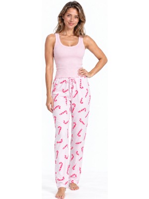 Miss Art Kadın Çizgili Bluz Desenli Askılı Pembe Pijama Takımı