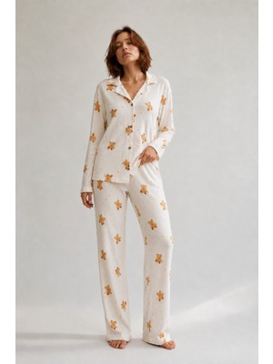 Miss Art Kadın Gömlek Yaka Düğmeli Gece Giyimi Beyaz Pijama Takımı