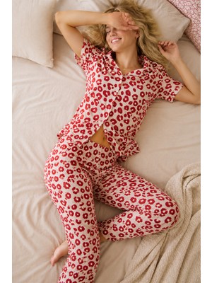 Miss Art Kırmızı Leopar Desenli Bürümcük Kumaş Pijama Takımı 4644-BEYAZ
