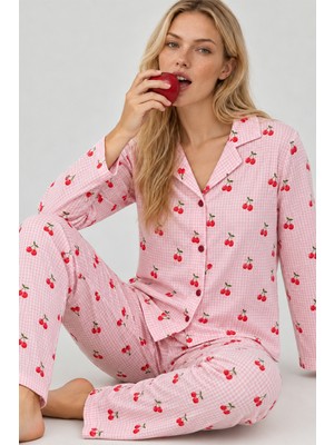 Miss Art Kadın Kiraz Desenli Pötikare Pembe Pijama Takımı 4793