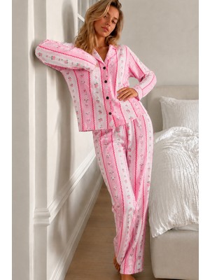 Miss Art Kadın Desenli Düğmeli Uzun Kollu Pembe Pijama Takımı