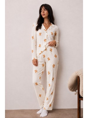 Miss Art Kadın Uzun Kollu Düğmeli Alt Üst Uyku Beyaz Pijama Takımı