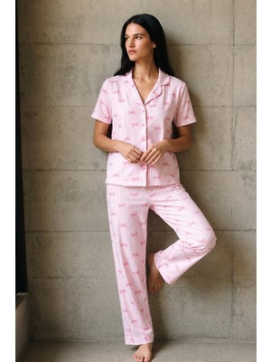 Miss Art V Yaka Düğmeli Casual Pembe Pijama Takımı