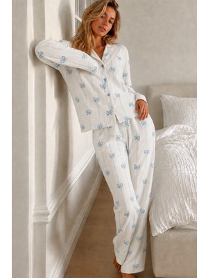 Miss Art Kadın Desenli Düğmeli Uzun Kollu Beyaz Pijama Takımı