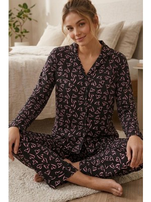 Miss Art Pembe Kalp Desenli Uzun Kollu Pijama Takımı 4602 -Siyah