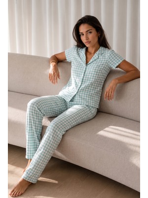 Miss Art Kadın Loose Uzun Paça Pamuk Su Yeşili Pijama Takımı