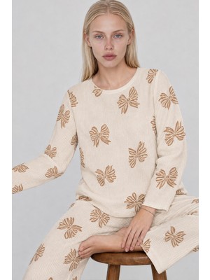 Miss Art Kadın Desenli Uzun Kollu Krem Pijama Takımı 4762