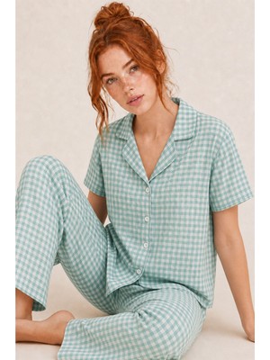 Miss Art Kare Desenli Bürümçük Kumaş Kısa Kollu Pijama Takımı 6065 Su Yeşili
