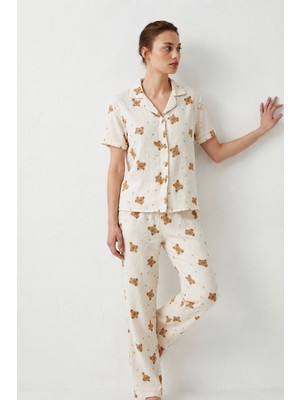 Miss Art V Yaka Kapama Lastik Bel Kırık Beyaz Pijama Takımı