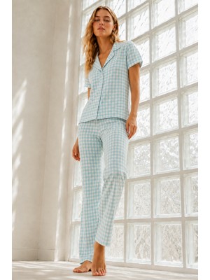 Miss Art Kadın Genç Loose Ipliği Boyalı Su Yeşili Pijama Takımı