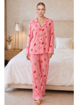 Miss Art Kadın Dudak Desenli Pembe Pijama Takımı 4677