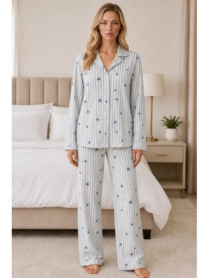 Miss Art Kadın Casual Esnek Bol Mavi Pijama Takımı 4671